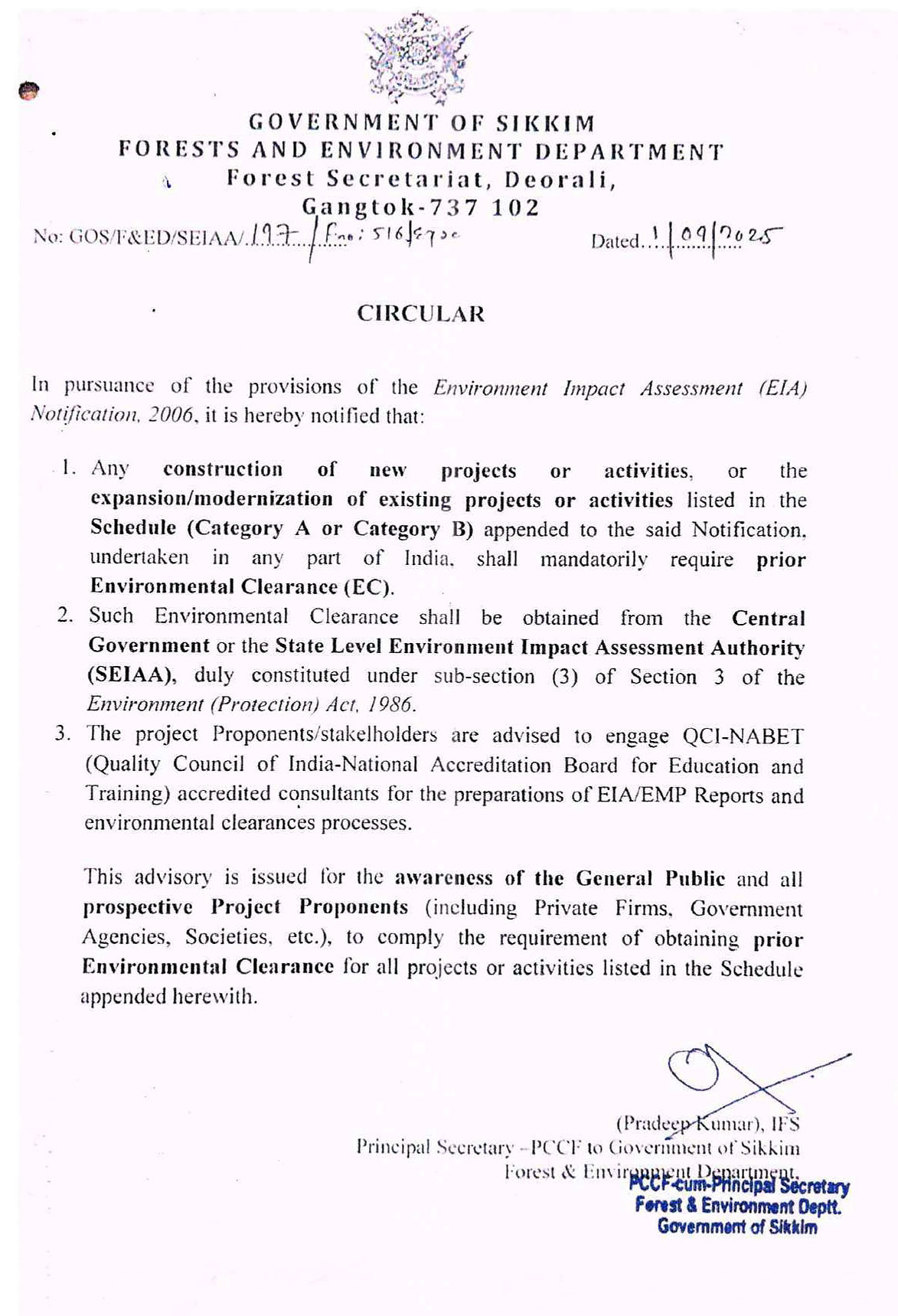 Circular: Prior Environment Clearance