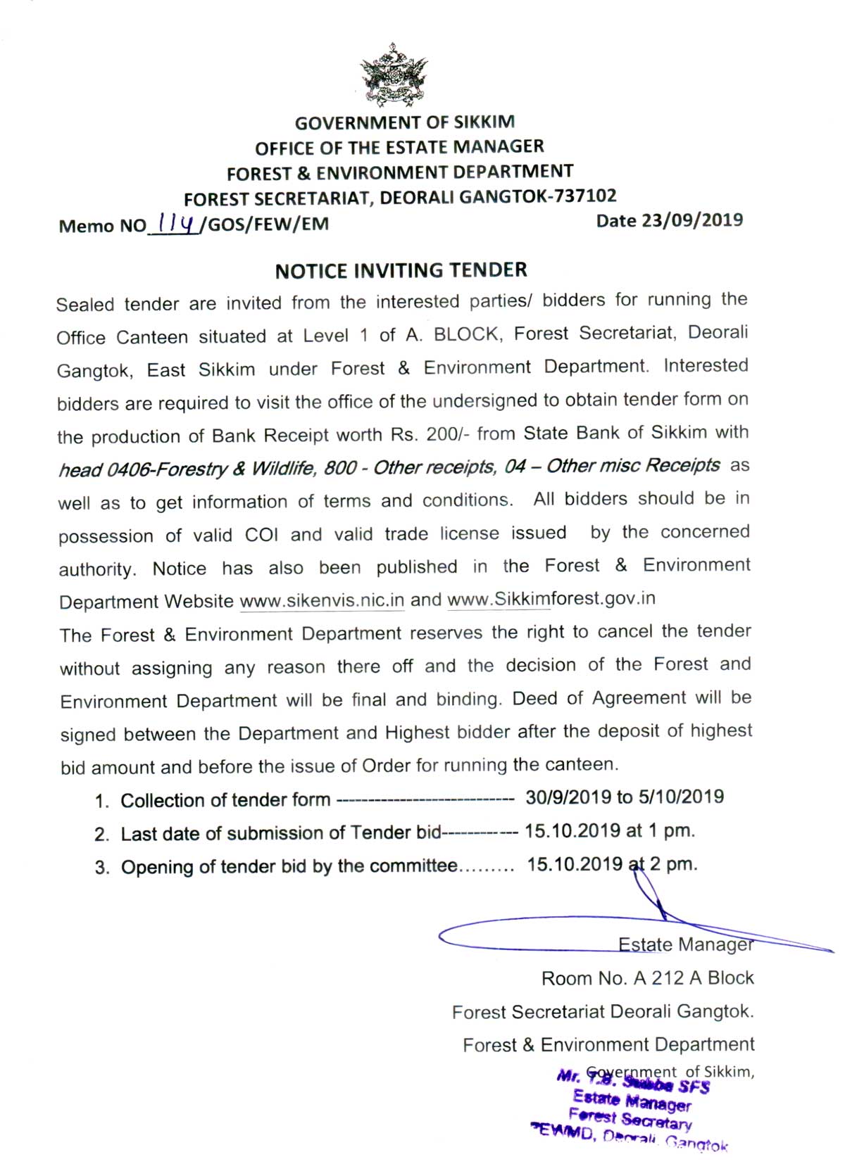 Tender Notice for Running the Office Canteen at Forest Secretariat A Block
