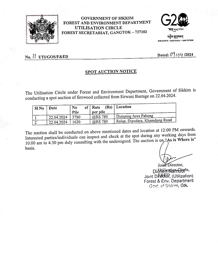 Spot Auction of Firewood collected from Sirwani Barrage
